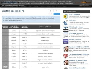 Screenshot sito: Elenco entità HTML e Unicode