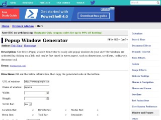 Screenshot sito: Popup Window Generator