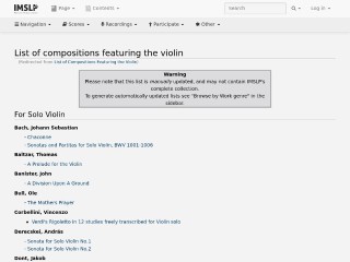 Screenshot sito: List of Compositions Featuring the Violin